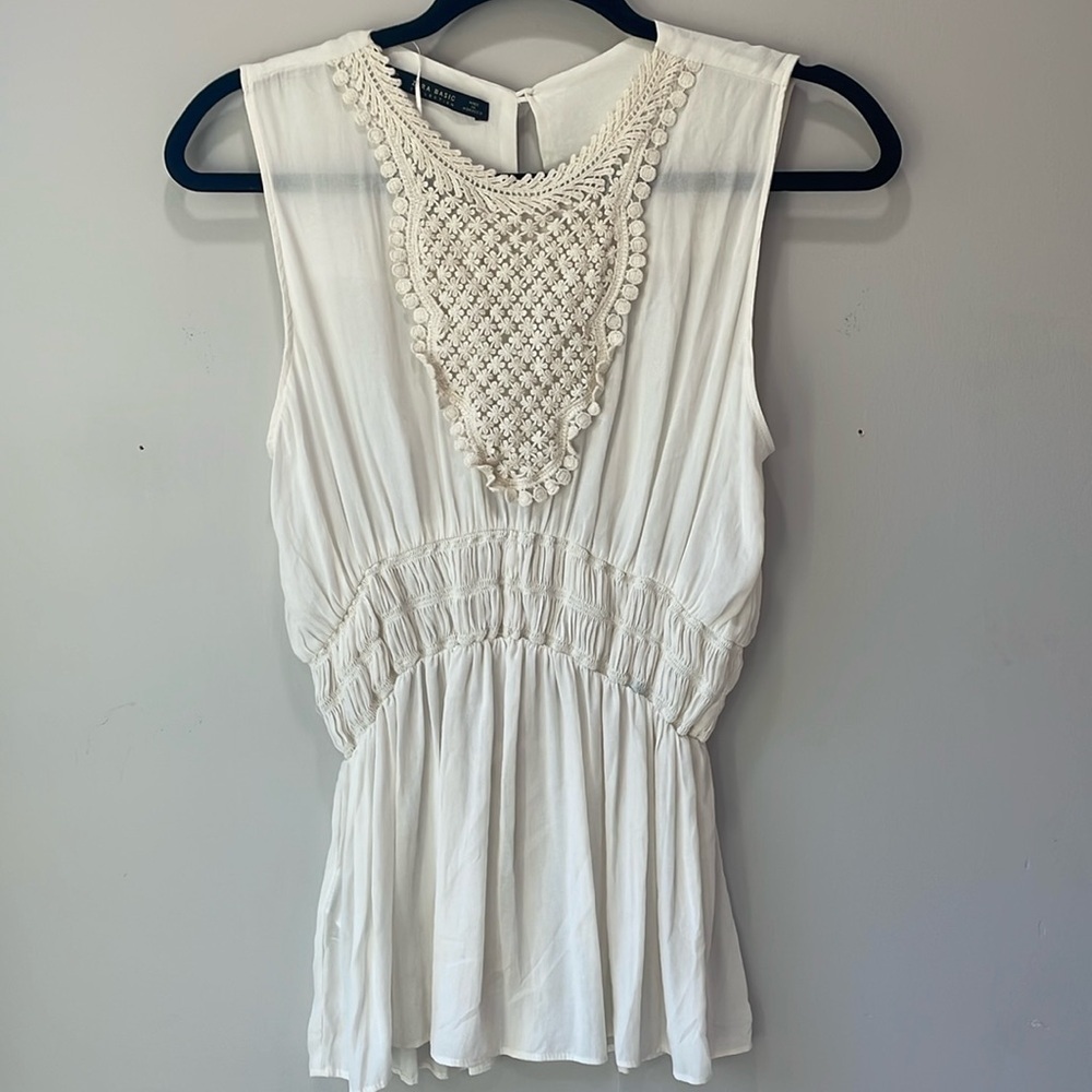 Zara Cream Crochet Peplum sleeveless top